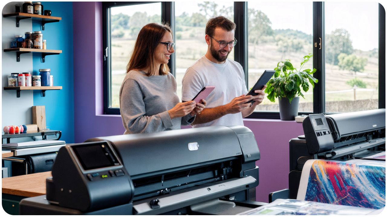 Two people smiling and looking at tablets in a bright room with large printers, shelves with items, and a plant by the window.