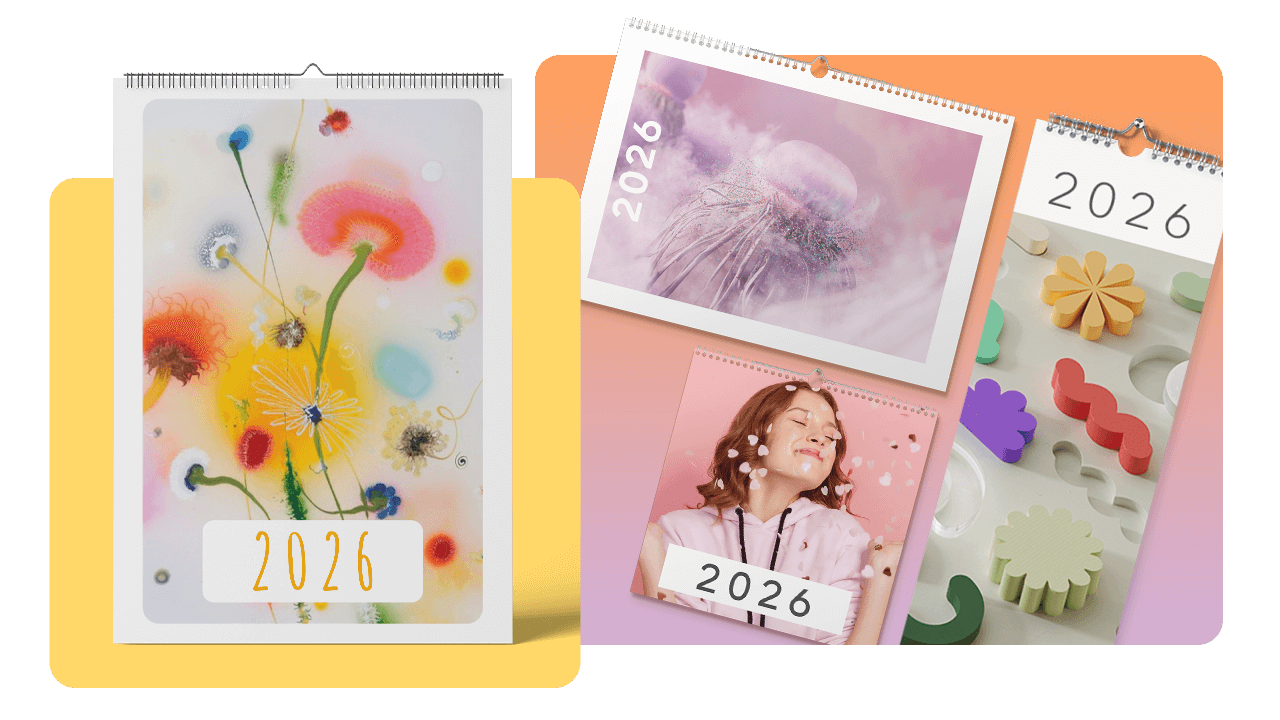 Four 2026 calendars with colorful abstract designs and photos, including flowers and a smiling person, displayed on a gradient background.