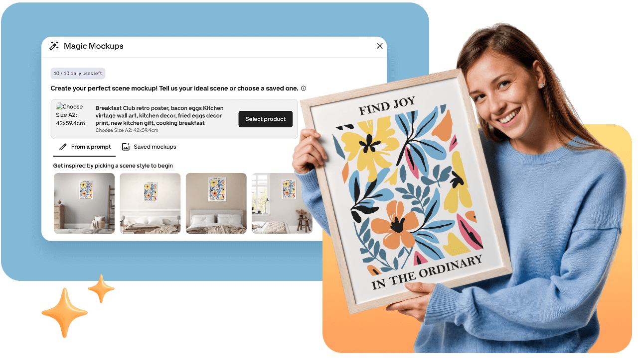 Smiling woman holding a framed floral print reading "Find Joy in the Ordinary" with a mockup design tool displayed in the background.