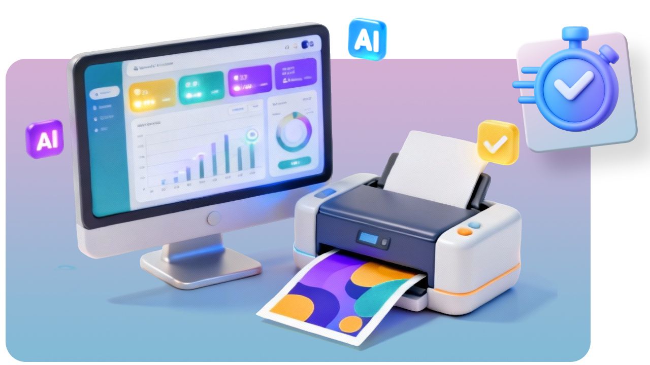 A computer displays graphs next to a printer outputting colorful pages. Icons labeled "AI" and a stopwatch symbol are also visible.