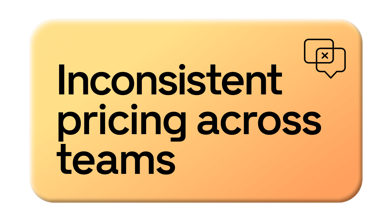 Orange rectangle with the text "Inconsistent pricing across teams" and an icon of overlapping speech bubbles in the top right corner.