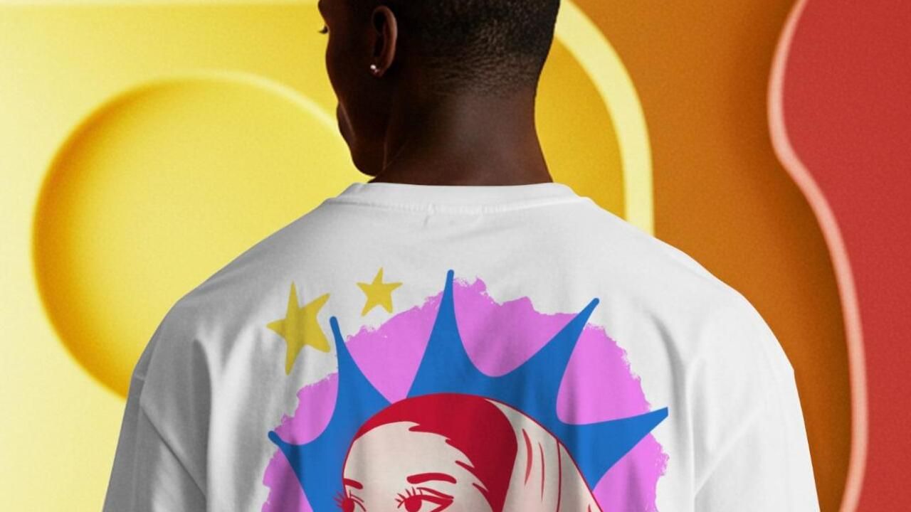 Person wearing a white T-shirt featuring a colorful graphic of the Statue of Liberty's face, set against a vibrant, abstract background.
