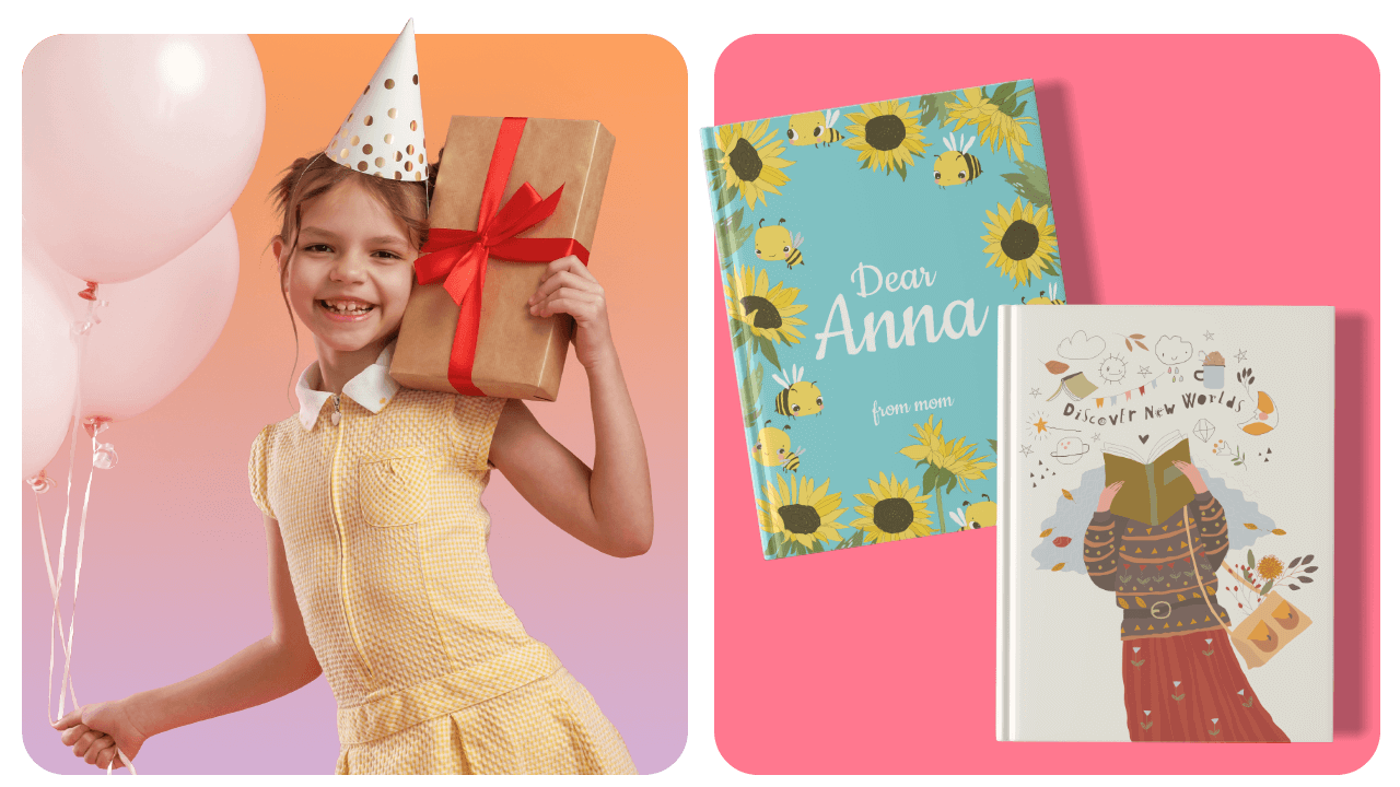 Girl in a party hat holding balloons and a gift, next to two colorful children's books titled "Dear Anna" and "Discover New Worlds."