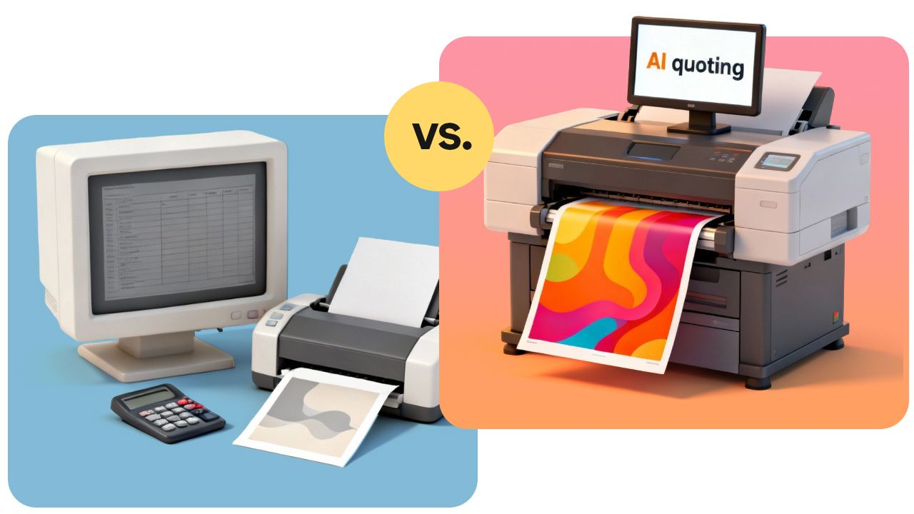 Vintage computer and printer with a calculator versus a modern printer with vibrant output and "AI quoting" on the screen.