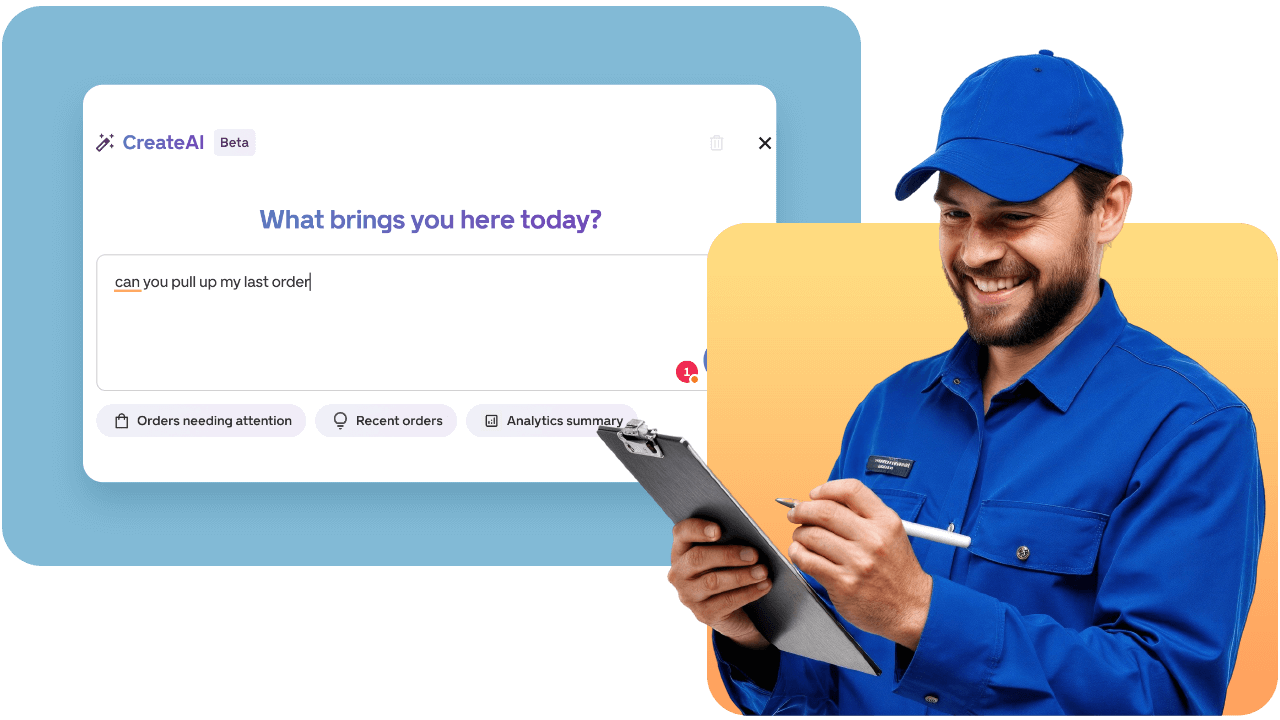 A man in a blue uniform smiles while holding a clipboard. A digital interface asks, "What brings you here today?" with a typed response.