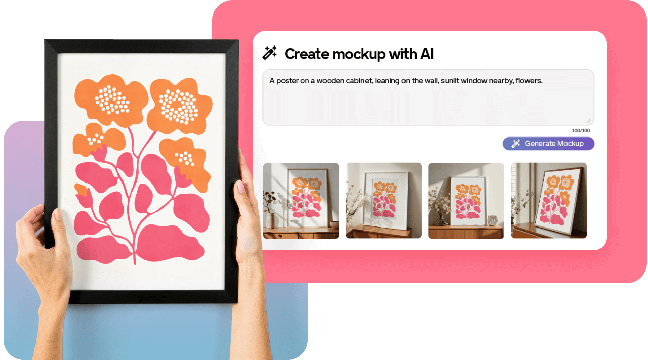 Hands holding a framed floral poster with pink and orange flowers; a digital mockup creation interface is visible beside it.
