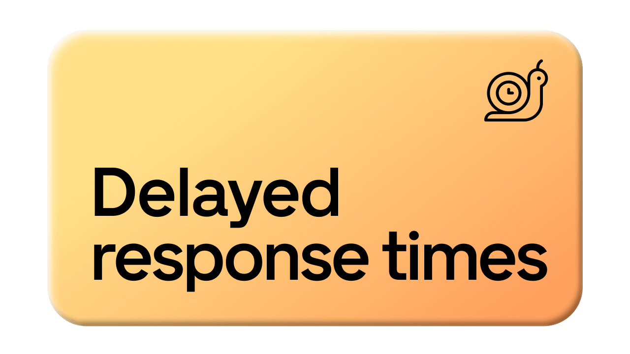 Orange gradient rectangle with "Delayed response times" text and a snail icon in the top right corner.