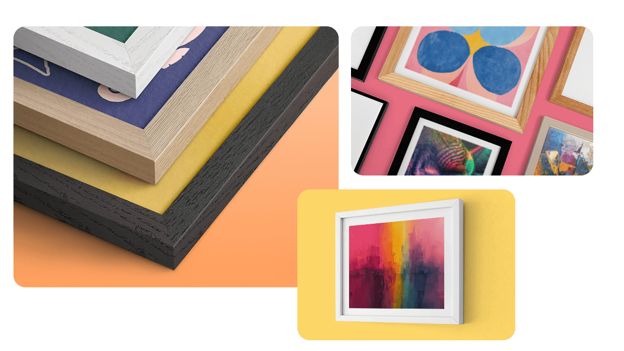 Collage of framed art pieces, wooden frame, featuring stacked frames, colorful abstract designs, and a vibrant painting on a yellow wall.