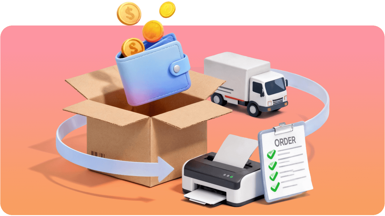 Illustration of a wallet with coins, an open box, a delivery truck, a printer, and an order checklist on a pink background.