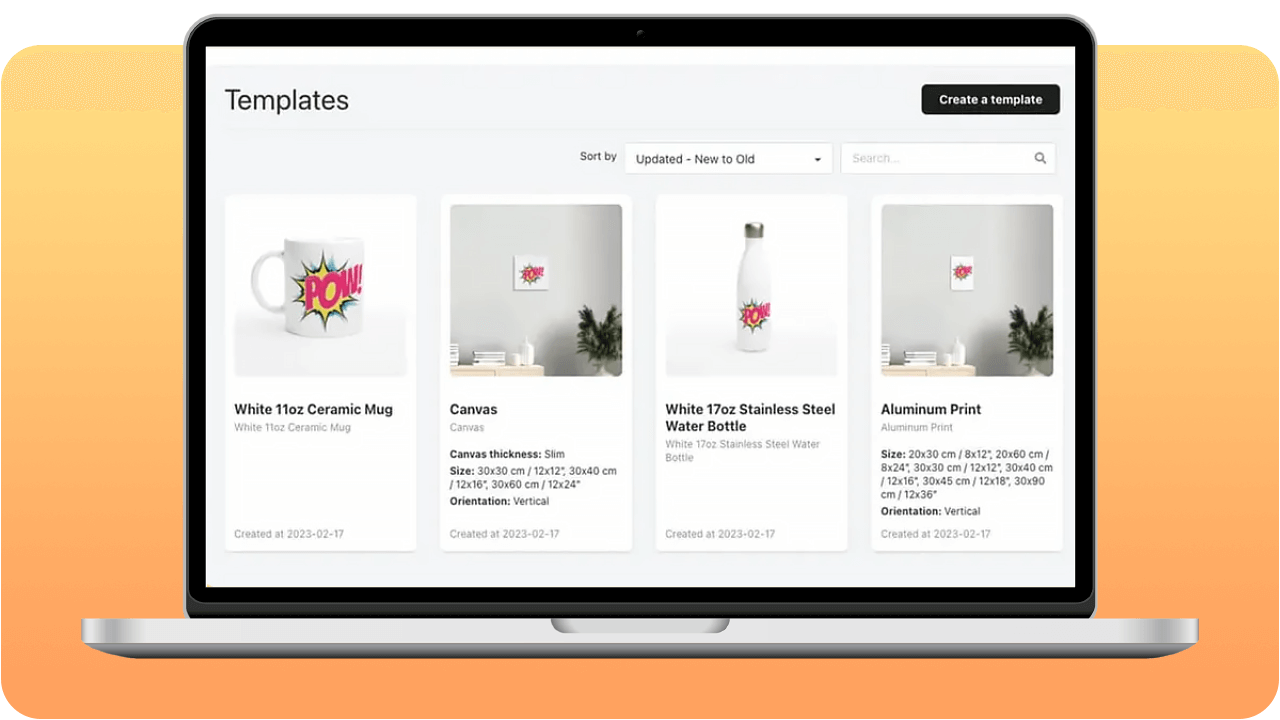 Laptop screen displaying a template selection page with options for a mug, canvas, water bottle, and aluminum print, each featuring a colorful design.