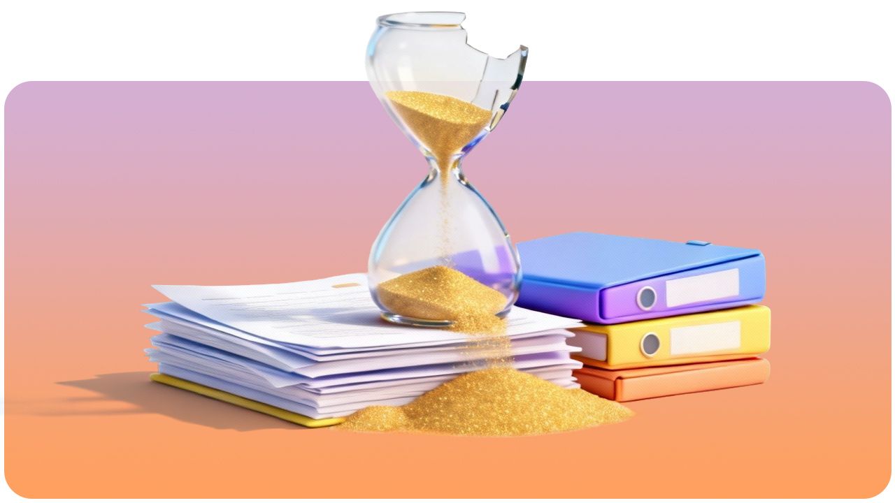 An hourglass with sand spilling onto a stack of papers and colorful binders against a gradient background.
