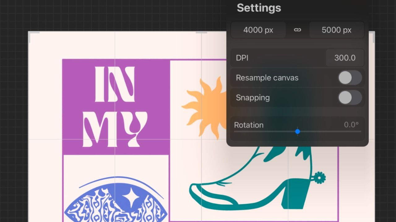 Digital art interface showing canvas settings with DPI at 300. Artwork includes text "IN MY," a sun, a shoe, and decorative patterns.
