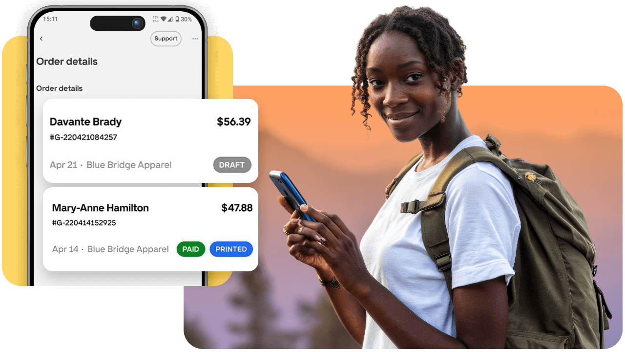 A woman with a backpack smiles, holding a phone displaying order details and payment statuses against a sunset background.