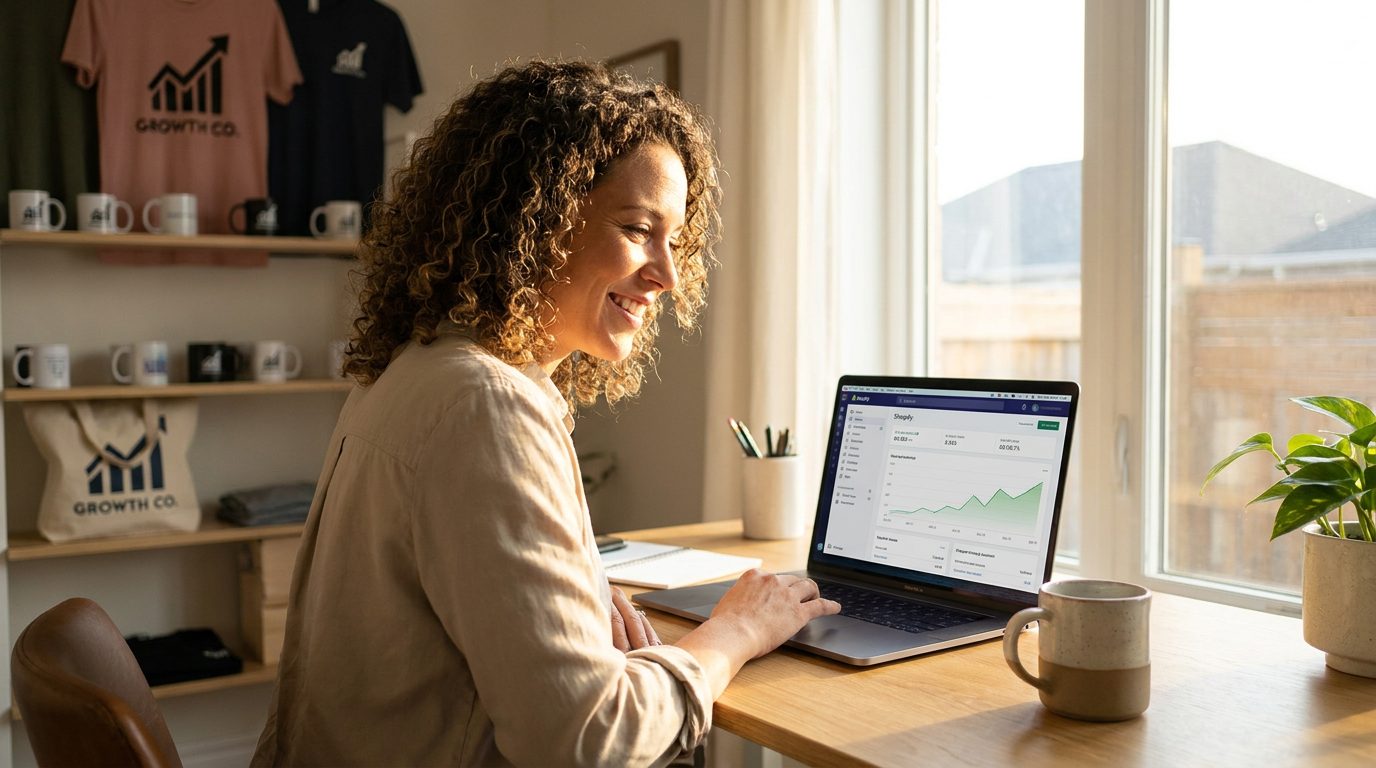 Entrepreneur reviewing Shopify analytics on a laptop with custom branded merchandise in background