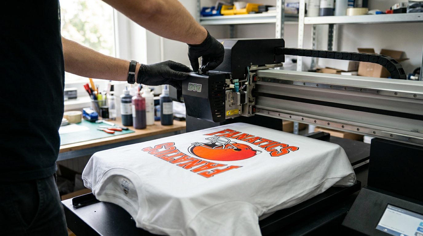 Person printing a football fan t-shirt on a professional DTG printing machine