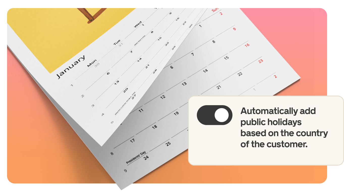 A calendar open to January shows a toggle switch for automatically adding public holidays based on the customer's country.