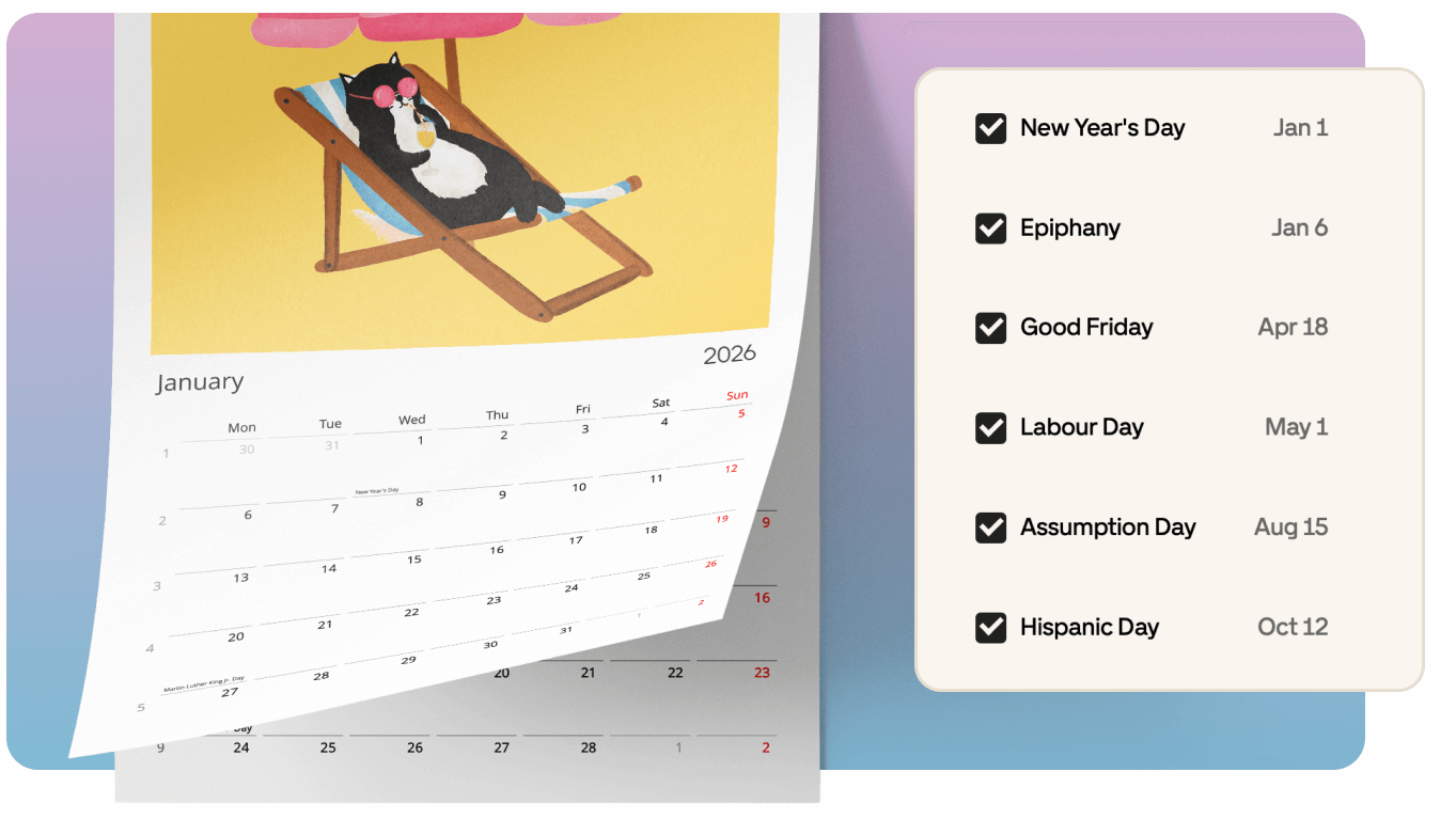 A calendar open to January 2026 with a cat illustration, next to a list of holidays with checkmarks and dates.