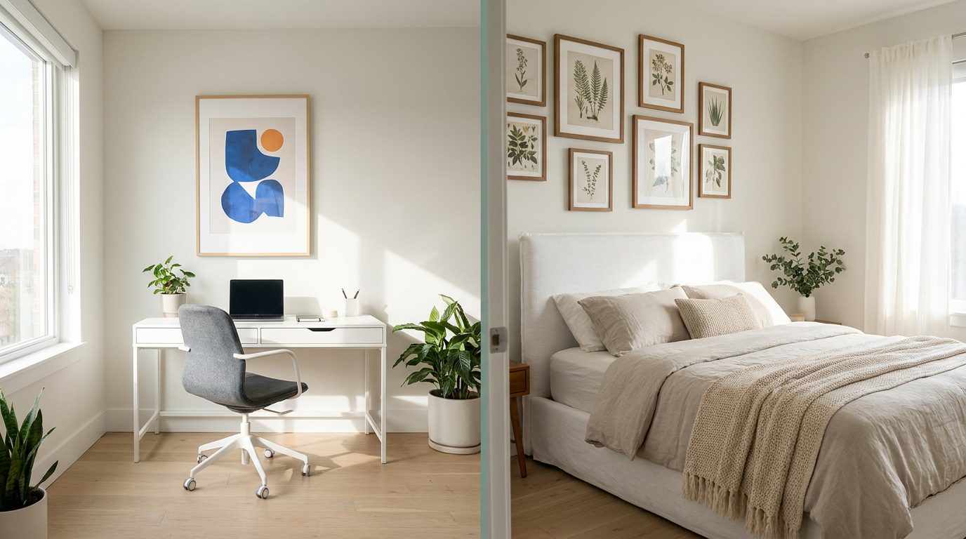 Home office with a large modern art print above a white desk, and bedroom with botanical gallery wall