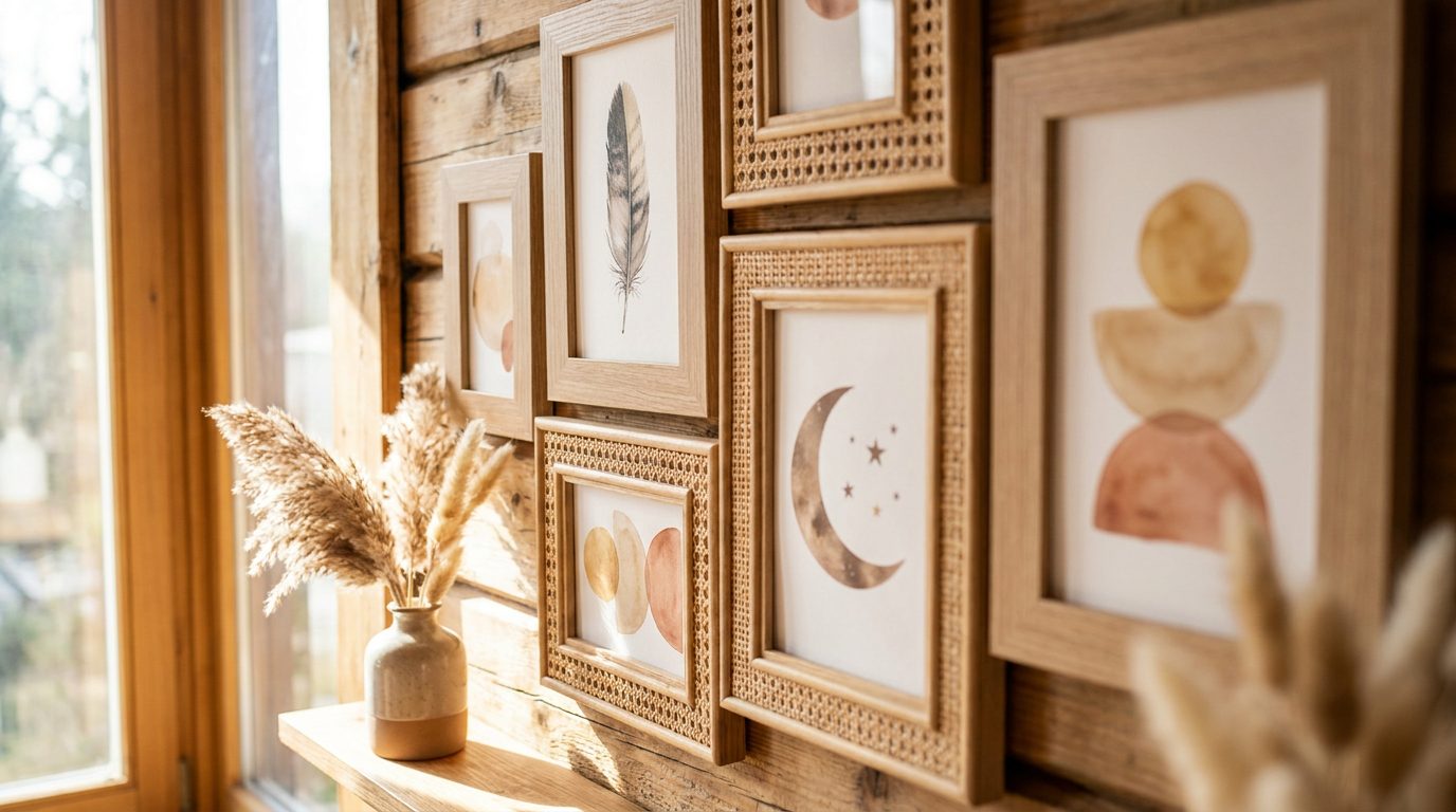Close-up of a boho gallery wall with mixed-frame prints, feather illustrations, celestial art, and pampas grass below