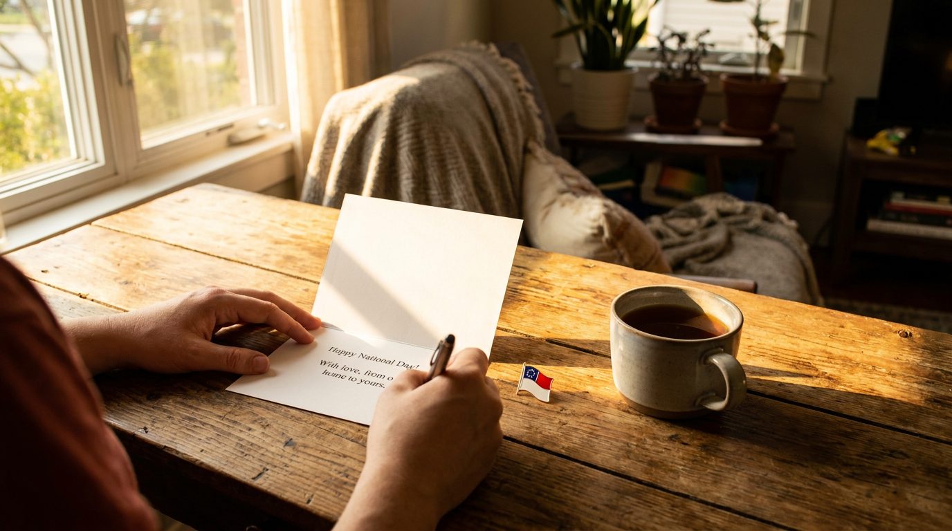 Person writing a heartfelt national day card at a sunlit desk with a small flag nearby
