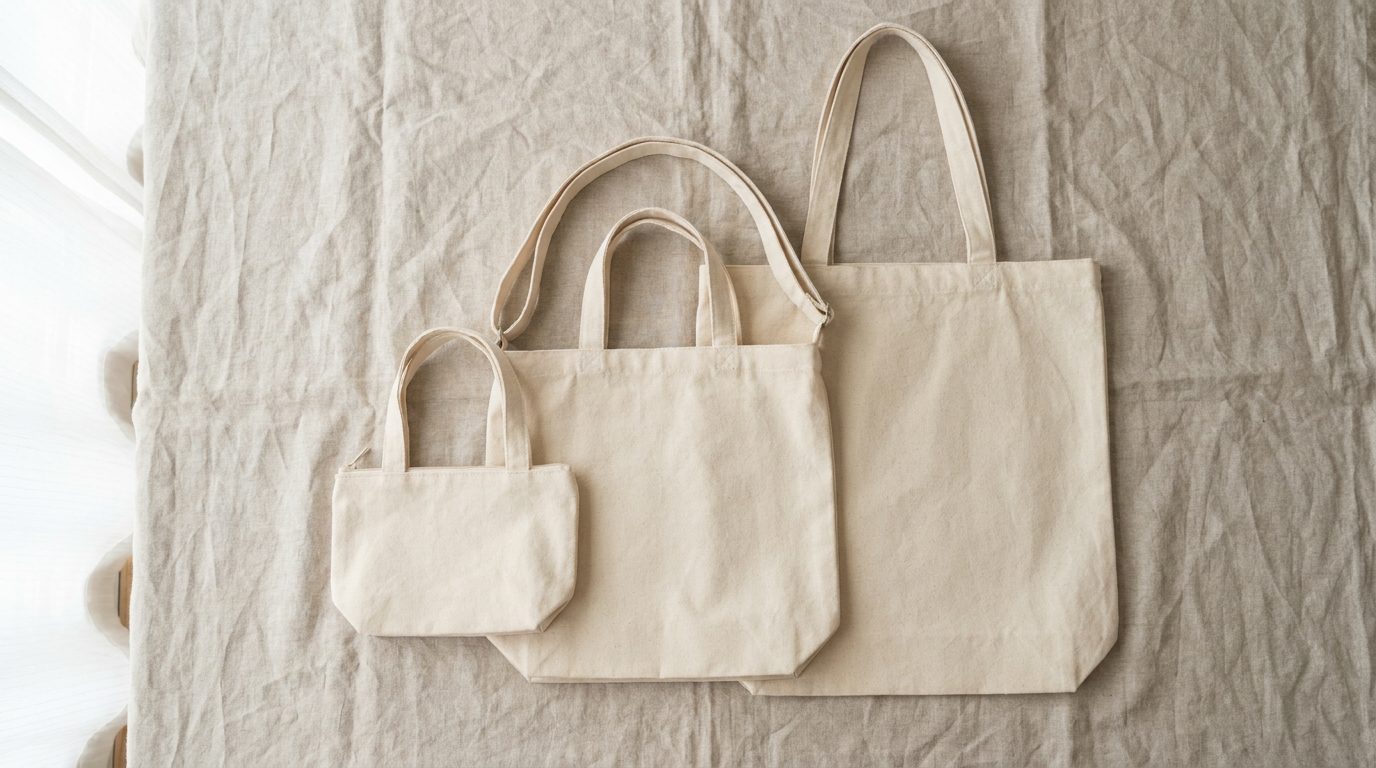 Canvas tote bags in three sizes — small, medium, and large — flat lay on a linen surface