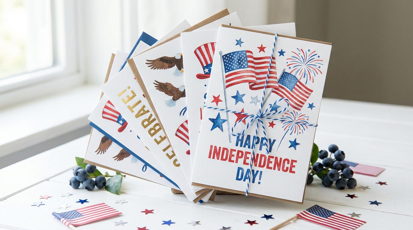 Stack of beautifully designed custom greeting cards with national day themes and gold accents
