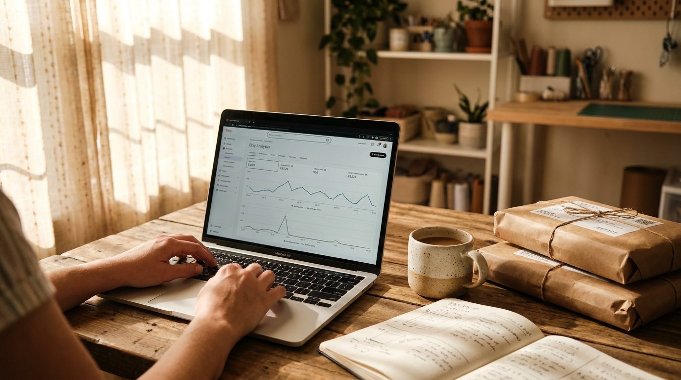 POD seller reviewing Etsy analytics on a laptop in a home workspace