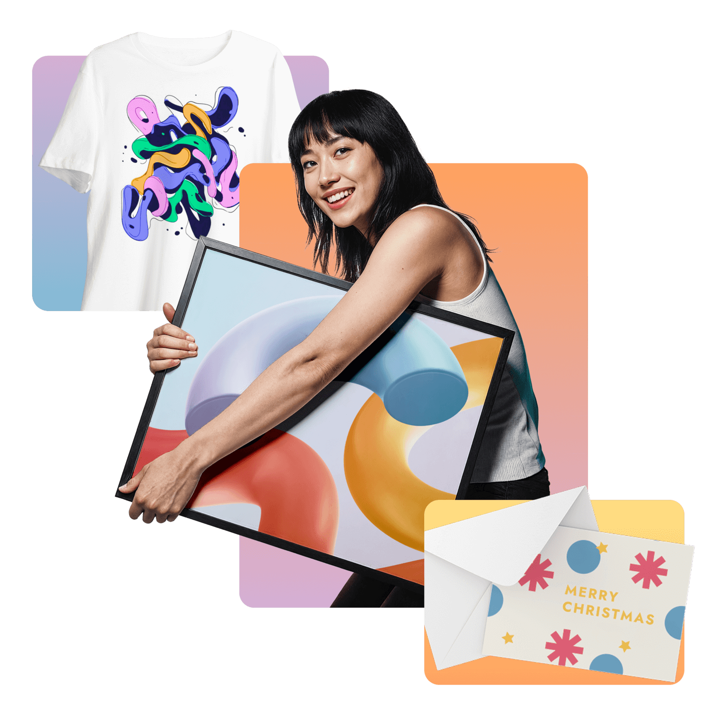 Smiling person holding abstract art, with a colorful t-shirt and a "Merry Christmas" card in the background.