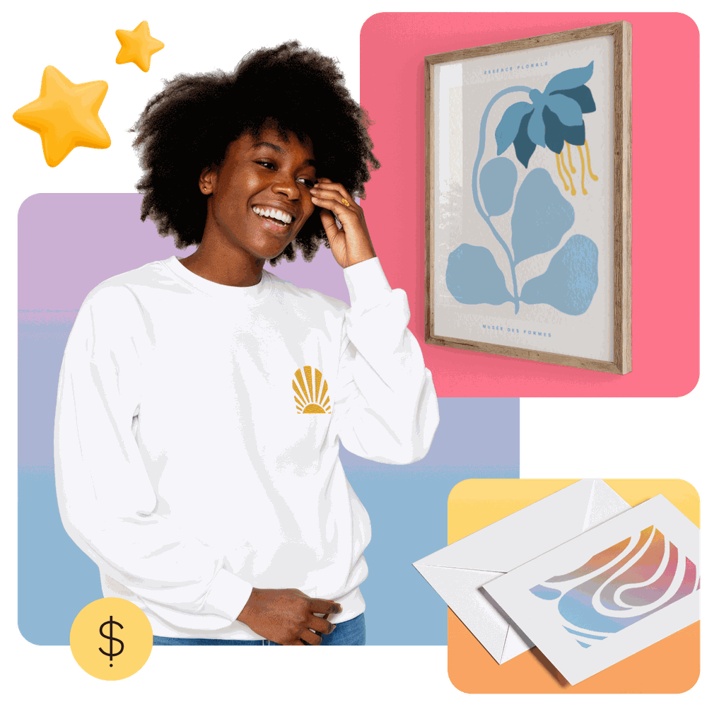 Smiling woman in a white sweatshirt, abstract plant art on wall, colorful greeting cards, and decorative stars and dollar sign icons.
