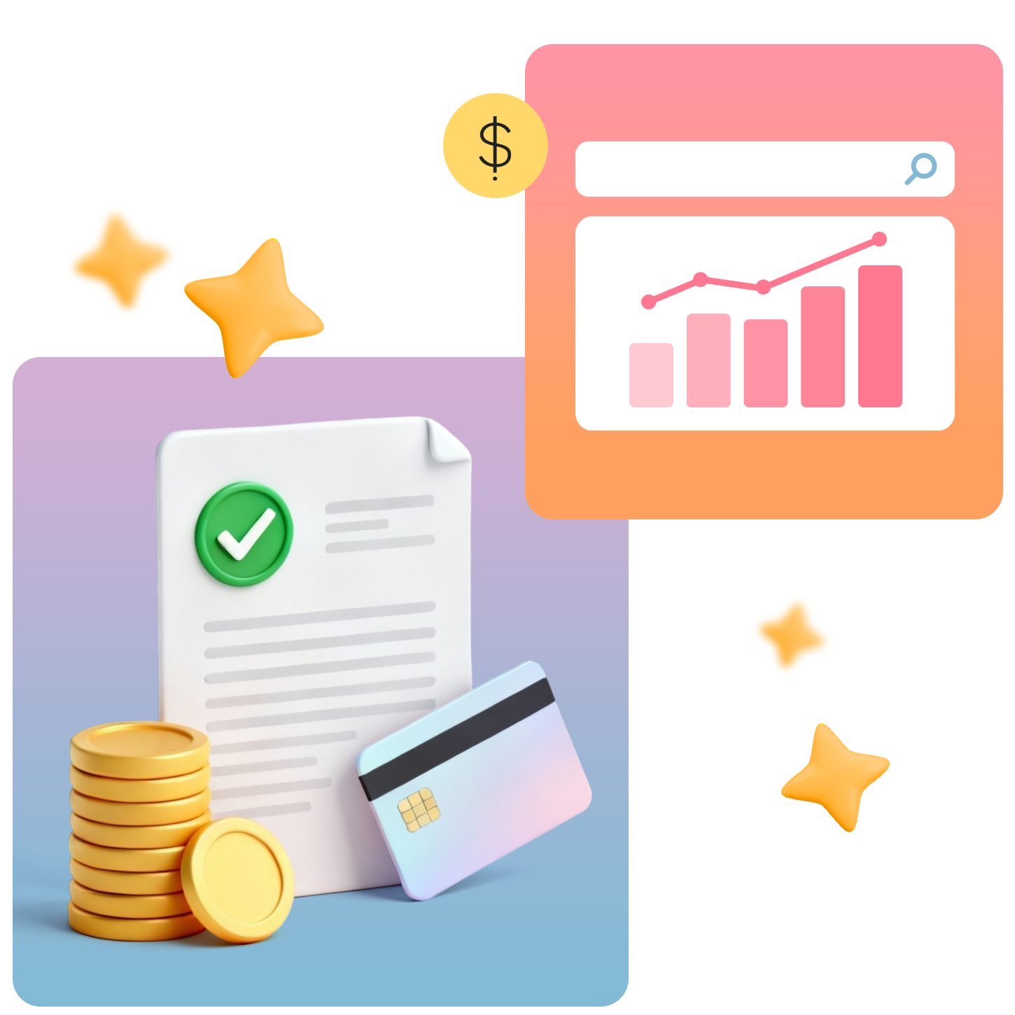 Illustration of financial growth: chart with upward trend, coins, credit card, document with checkmark, and star icons.