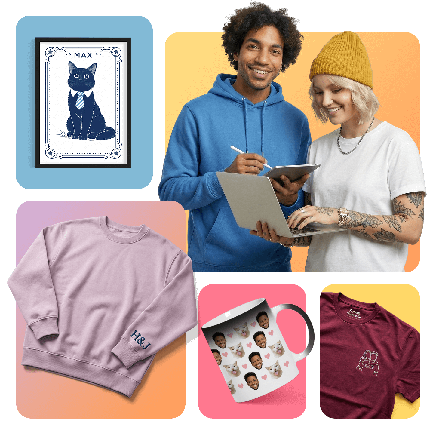 A smiling man and woman hold a tablet, surrounded by illustrations and apparel: a cat picture, sweatshirts, and a mug with faces.