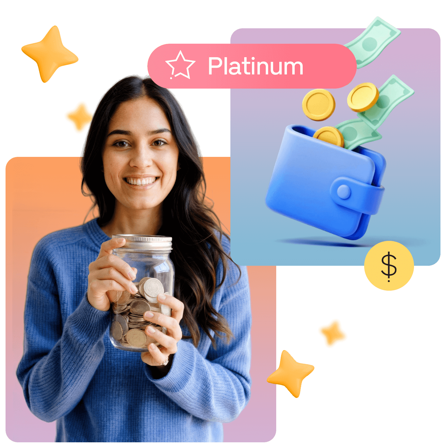 Smiling woman holding a jar of coins, next to an illustration of a wallet with cash, labeled "Platinum" with star icons.