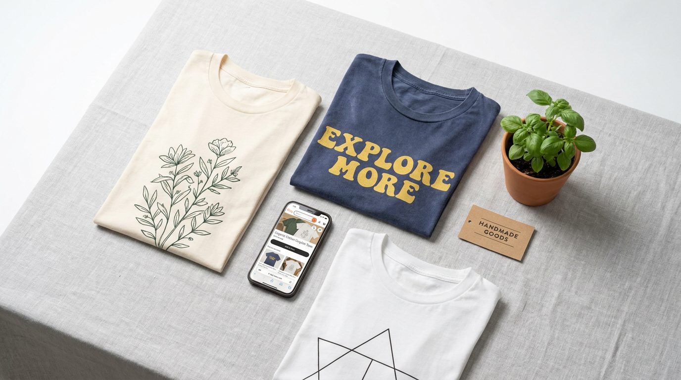 Etsy shop listing page showing custom printed t-shirts in a POD store