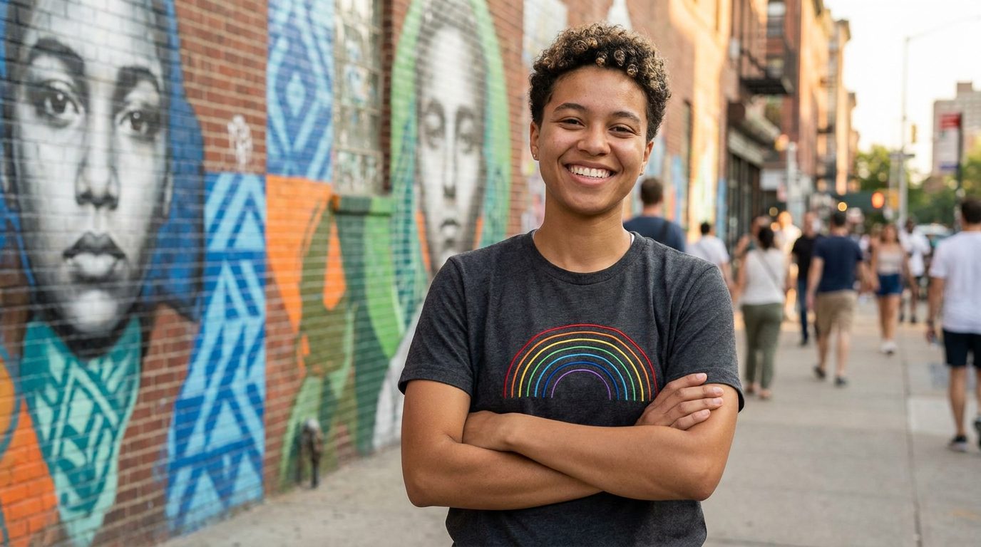 Person wearing a stylish custom Pride t-shirt with a minimal rainbow arc design on a city street