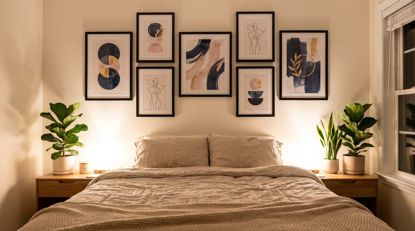 Bedroom gallery wall with six coordinated abstract art prints in matching black frames