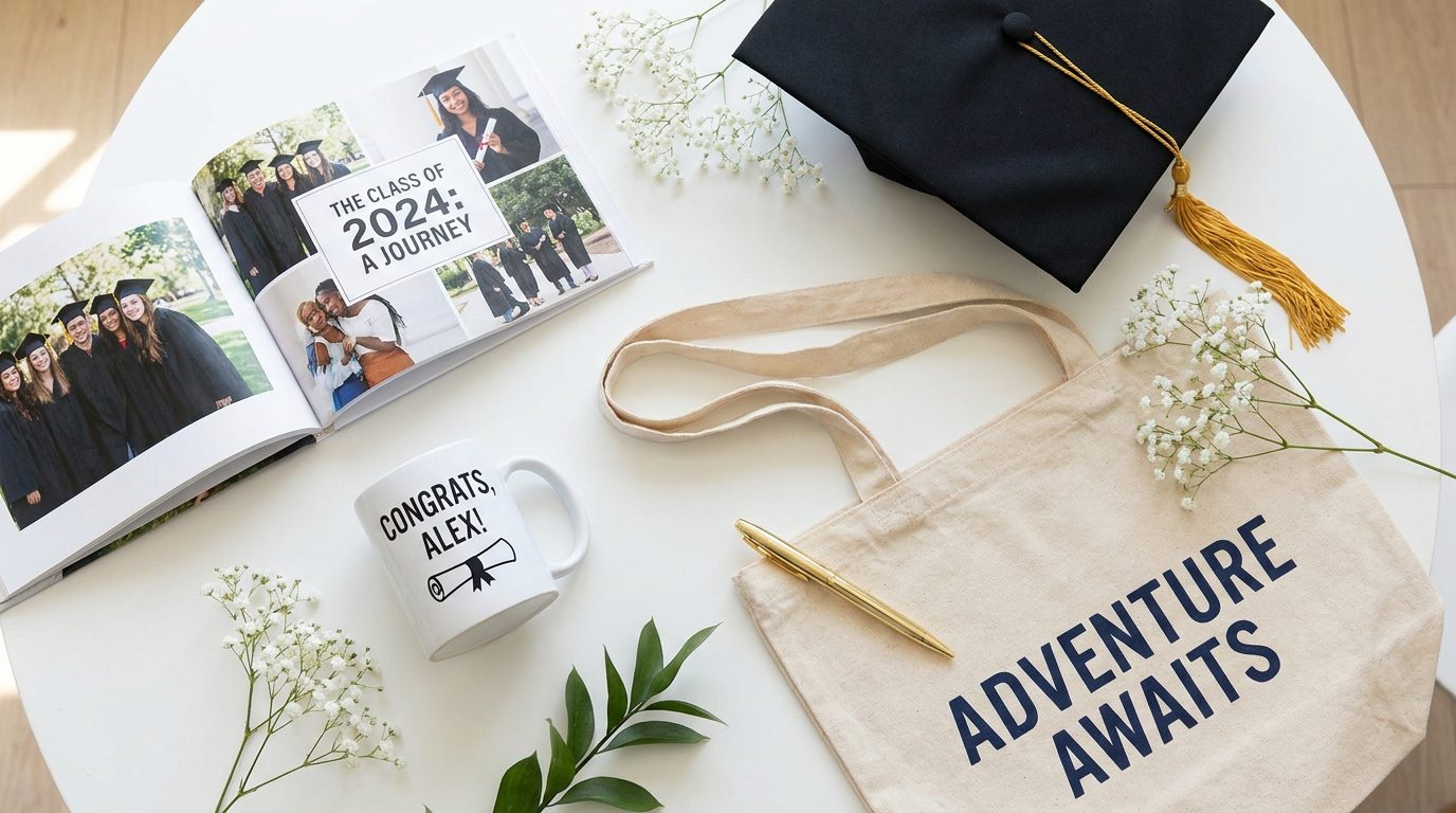 Flat lay of graduation gift items including a photo book, personalised mug, and tote bag