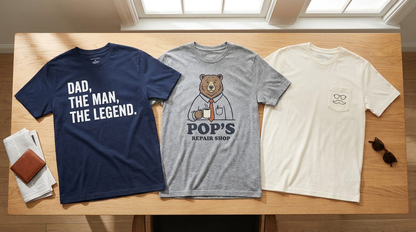 Three Father's Day t-shirts with different design styles in a flat lay arrangement