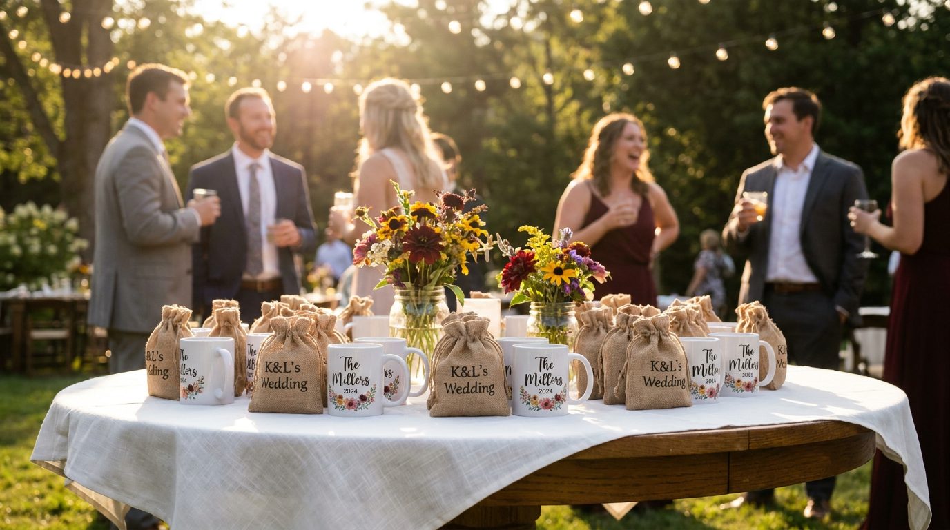 Custom mugs as wedding favours at a summer garden reception — the gifting occasions that drive POD's highest summer conversion rates