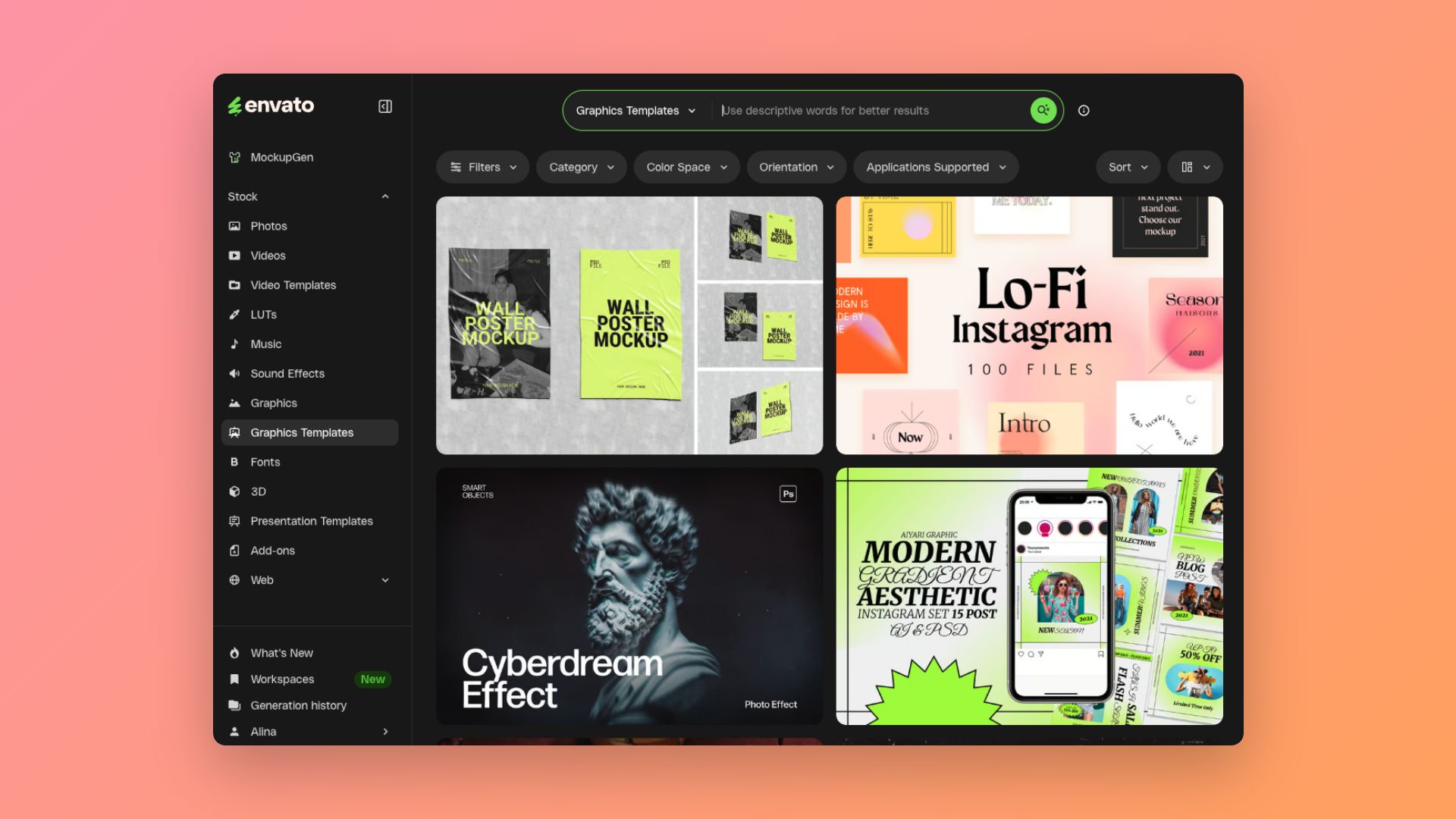 Envato Elements subscription interface showing graphic assets, fonts, and templates for POD sellers