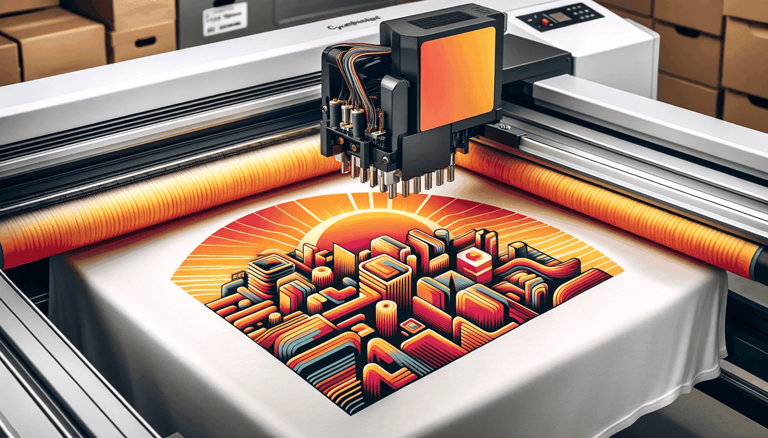 close-up of a DTG printer printing a vibrant design on a t-shirt