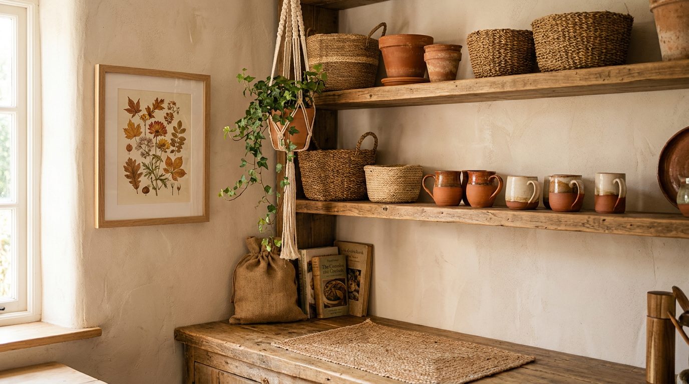 Boho kitchen corner with open shelving, trailing plants, and a warm-toned botanical art print in a natural wood frame