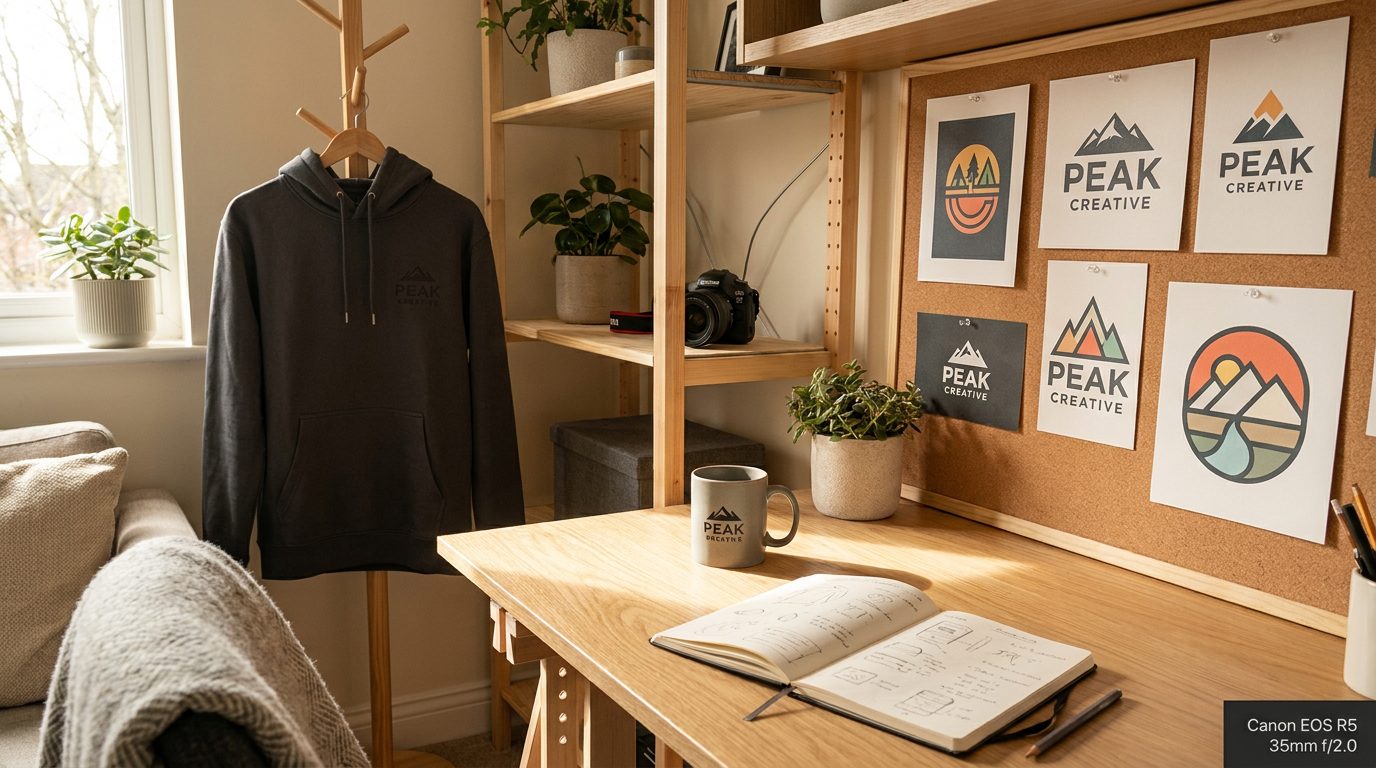 Organised home workspace with custom branded merchandise including hoodie, mug, and art prints