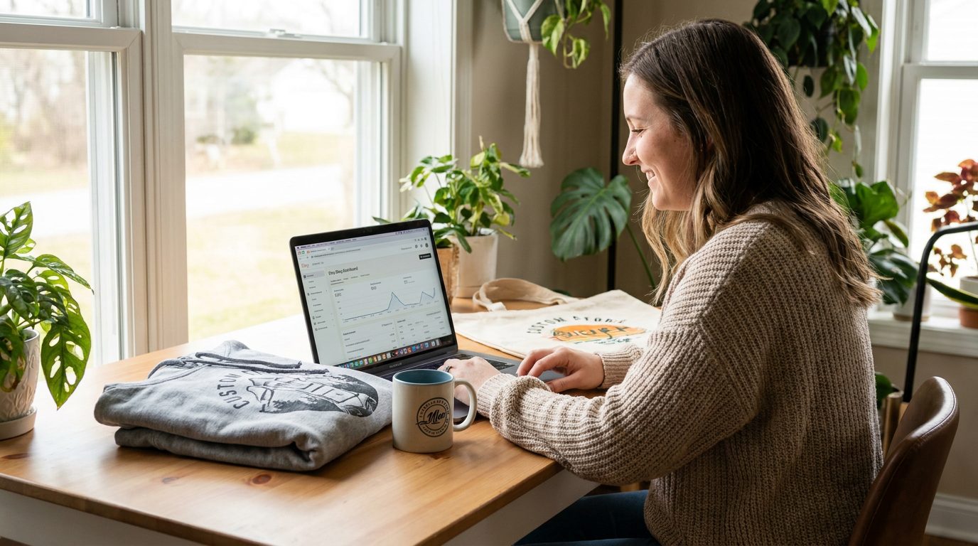Person reviewing Etsy shop analytics at a laptop with custom POD products visible on desk
