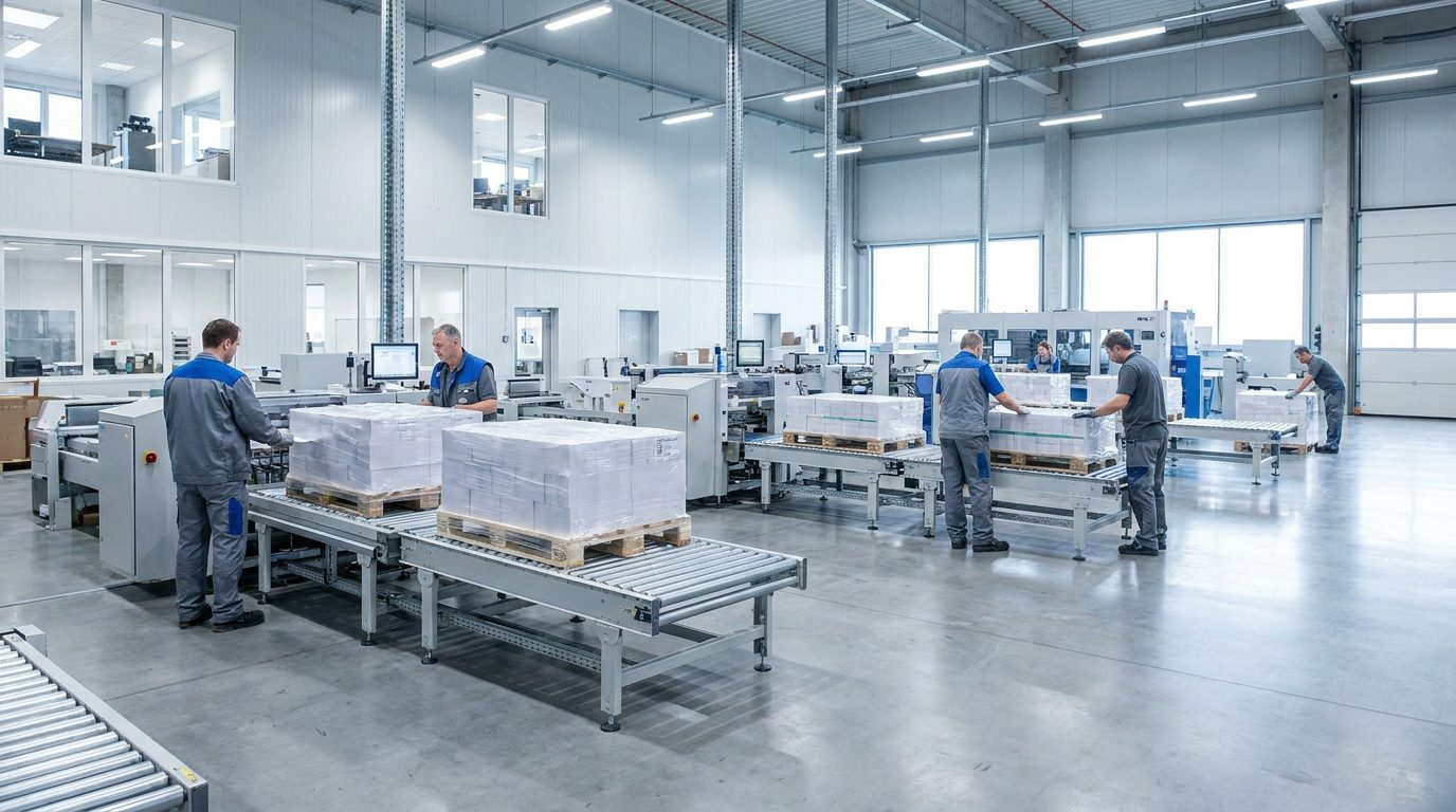 Modern print production facility with automated conveyor systems and organised workflow — the infrastructure behind personalized commerce at scale