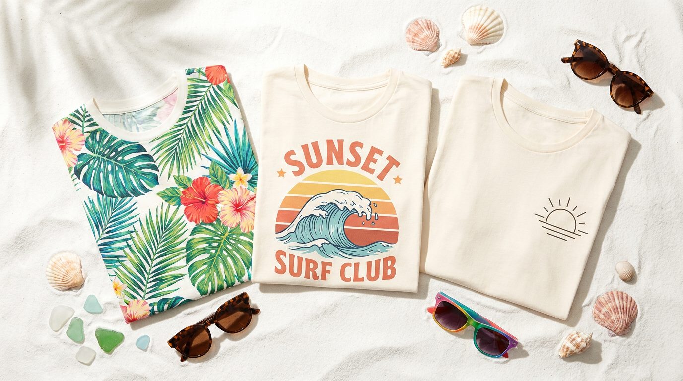Flat lay of three custom summer t-shirts showing tropical, retro surf, and minimal sun designs on white sand
