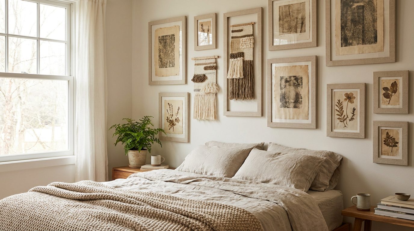 Bedroom with gallery wall mixing textured prints and woven textile art