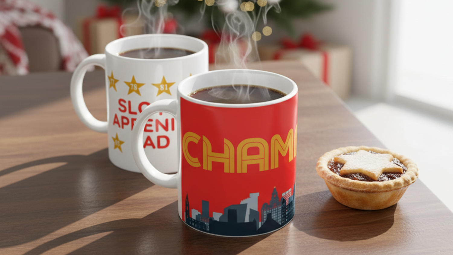 Two steaming mugs on a table, one with a red cityscape design, the other with text. A small mince pie sits beside them.