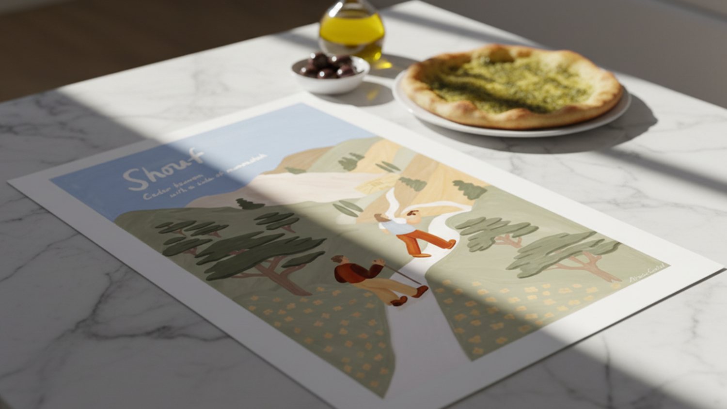 Illustrated poster on a marble table with a pizza, olives, and olive oil nearby, depicting a rabbit and fox in a scenic landscape.