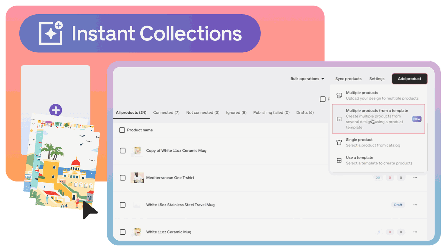 Interface showing product management software with options for creating collections, alongside a stack of illustrated product images.