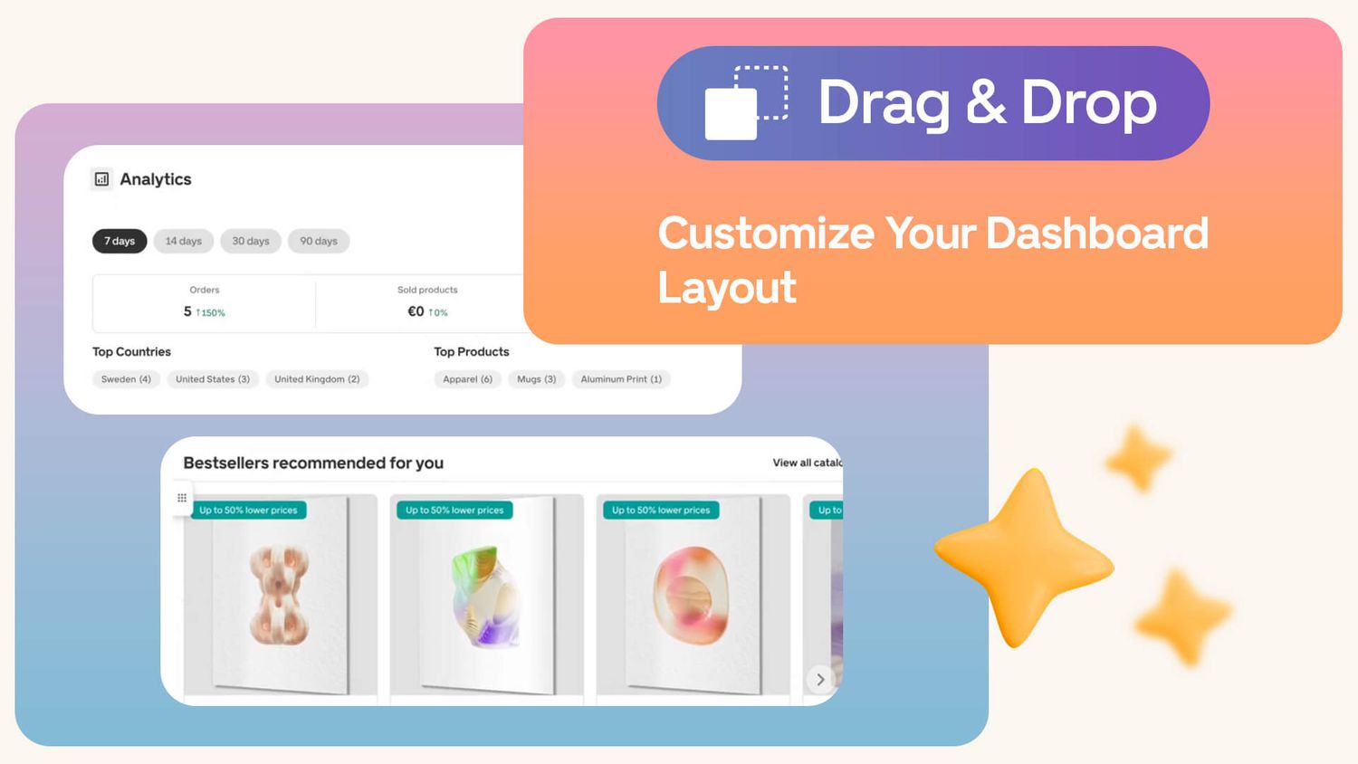 User interface for customizing a dashboard layout, featuring drag-and-drop functionality and recommended bestsellers with product images.
